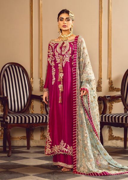 Sara Rohail Asghar Fuchsia & Light Blue Silk embroidered dress fabric view 2