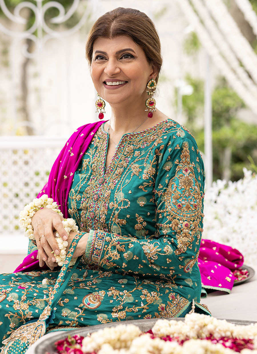 Farah Talib Aziz Teal & Magenta Velvet embroidered dress fabric view 2