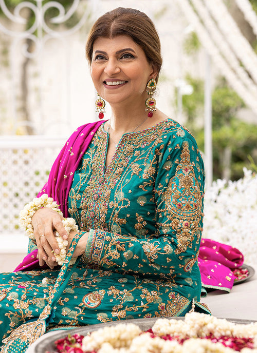 Farah Talib Aziz Teal & Magenta Velvet embroidered dress fabric view 2