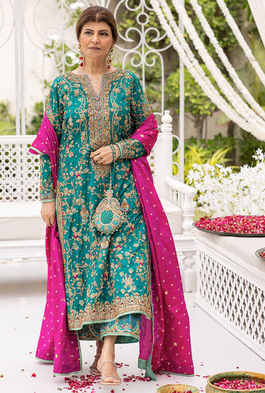 Farah Talib Aziz Teal & Magenta Velvet embroidered dress fabric view 1