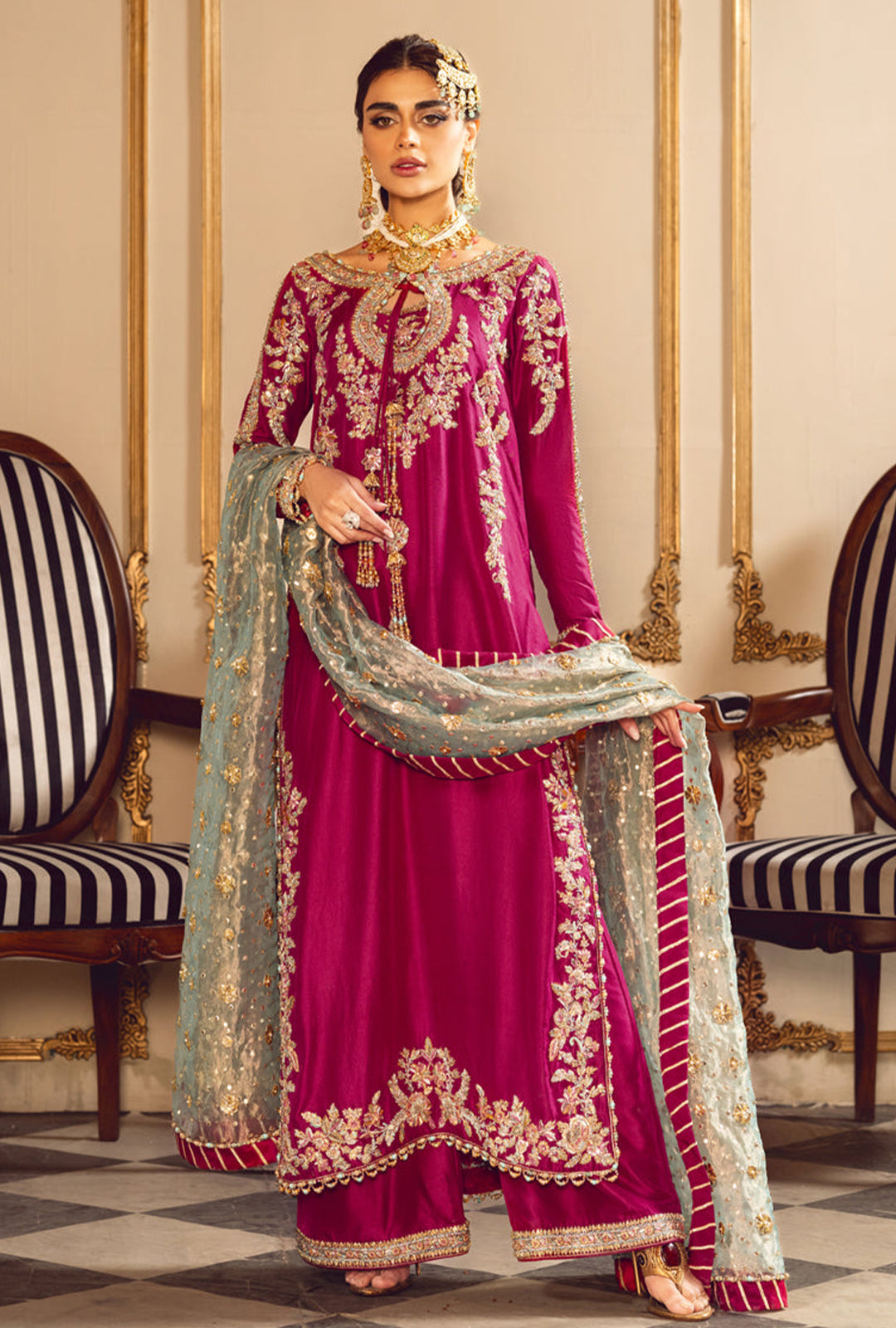 Sara Rohail Asghar Fuchsia & Light Blue Silk embroidered dress fabric view 1