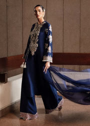 Hussain Rehar Navy Blue Silk embroidered dress fabric view 2
