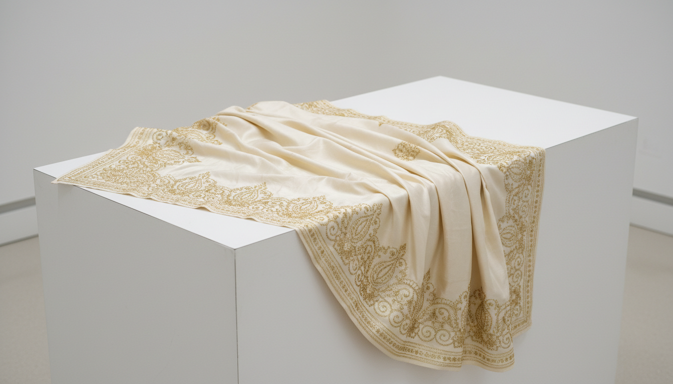 Ivory embroidered fabric draped over white plinths
