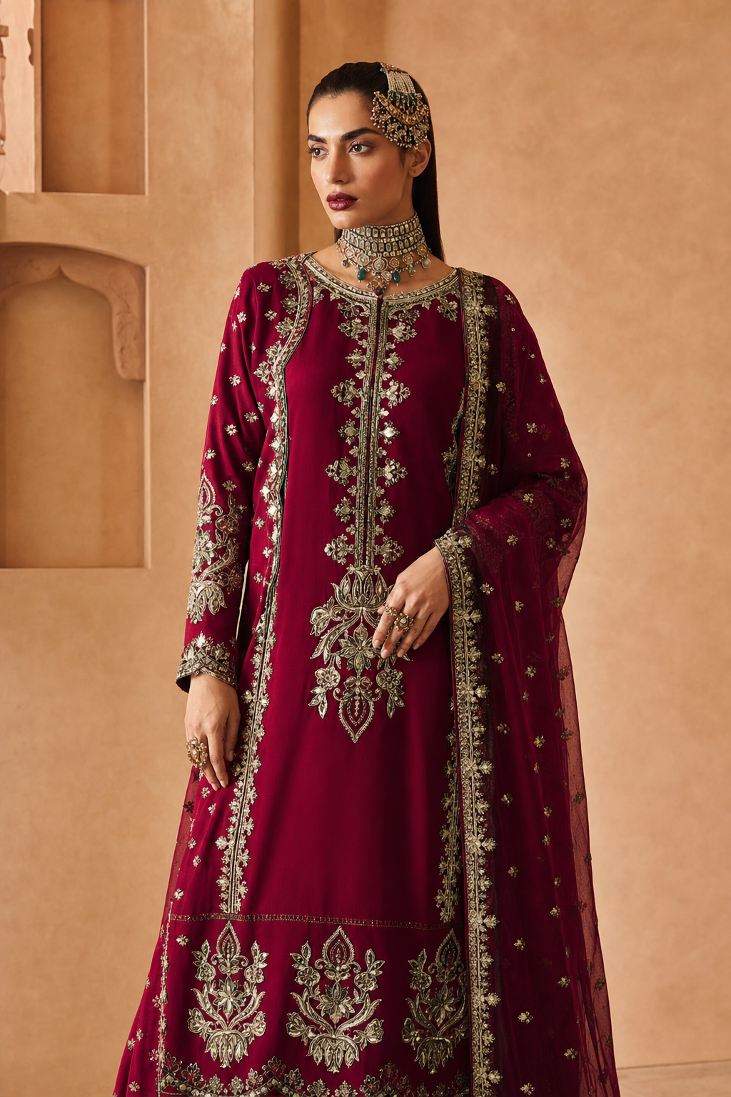 Afrozeh DZ1373 burgundy gold embroidery detail