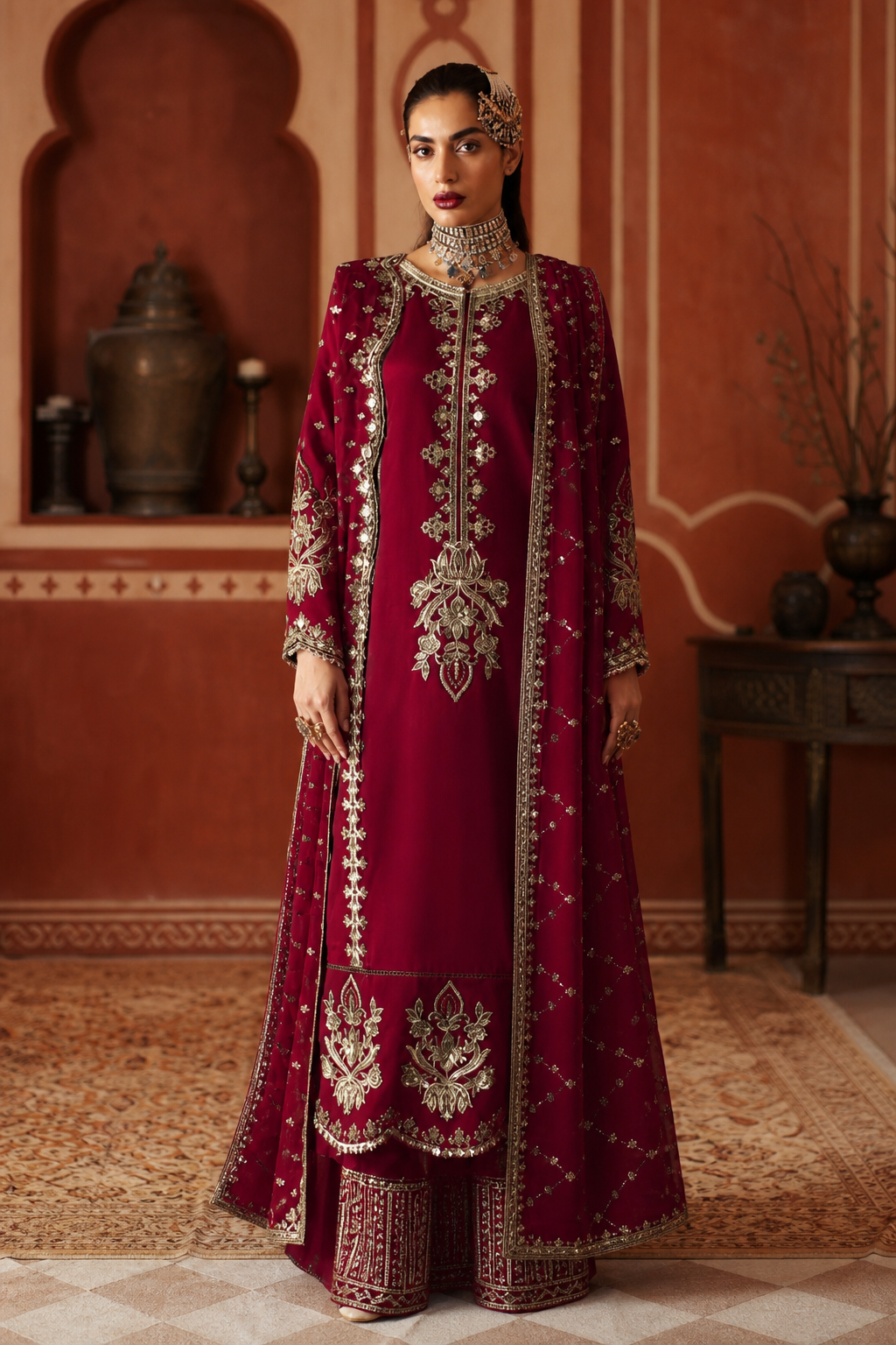 Afrozeh DZ1373 burgundy embroidered silk suit full view