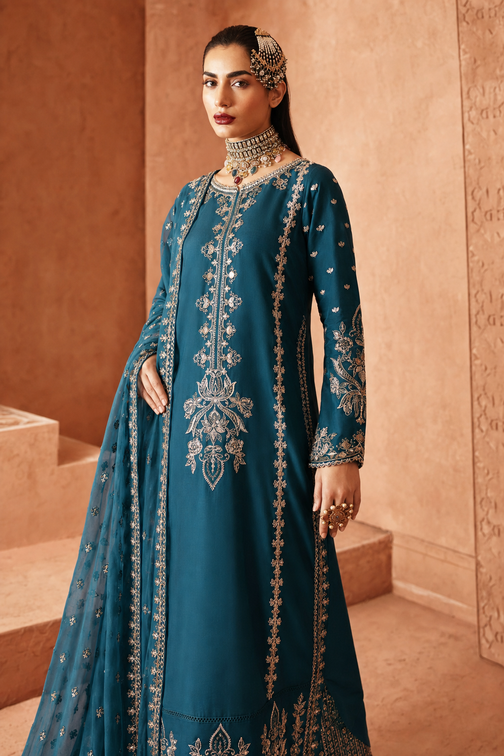 Afrozeh DZ1373 teal gold embroidery detail