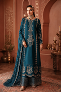 Afrozeh DZ1373 teal embroidered silk suit full view