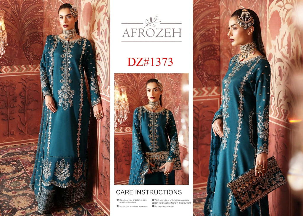 Afrozeh DZ1373 teal Indian silk stone-work suit catalogue