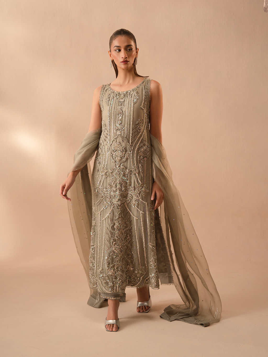 Abeera Usman Silver & Mint Organza embroidered dress fabric view 1