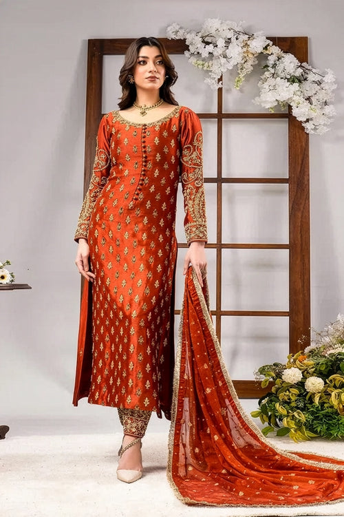 Ahmad Sultan Rust Orange & Gold Silk Pakistani occasion suit view 1