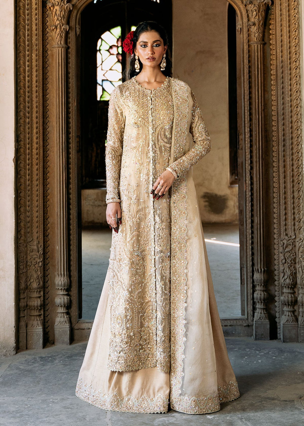 Kanwal Malik Champagne & Gold Organza embroidered dress fabric view 2