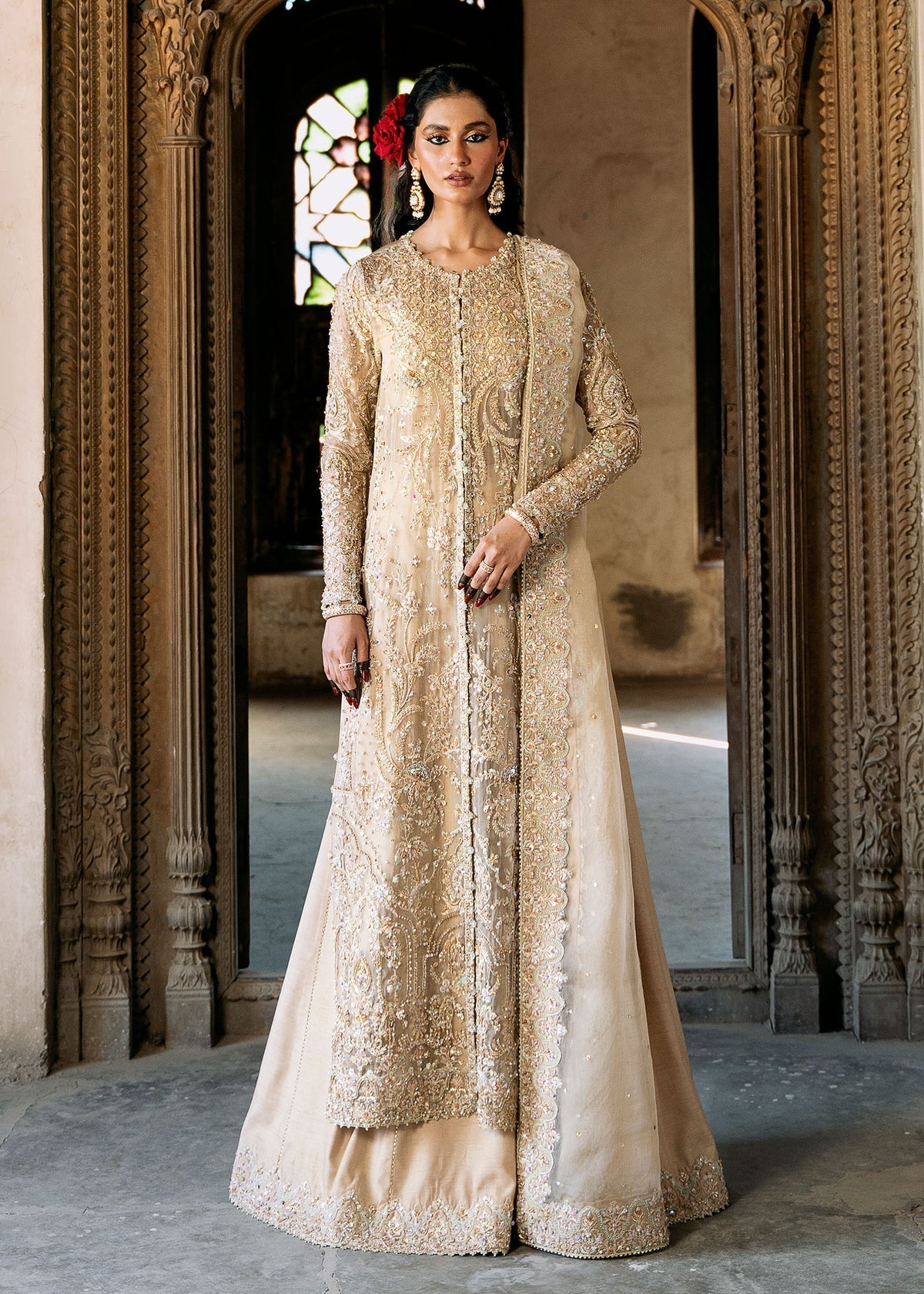 Kanwal Malik Champagne & Gold Organza embroidered dress fabric view 2