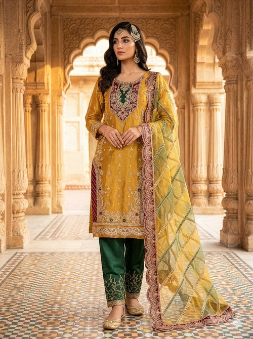 Designer Studio Mustard Yellow & Dark Green Silk Pakistani occasion suit view 1