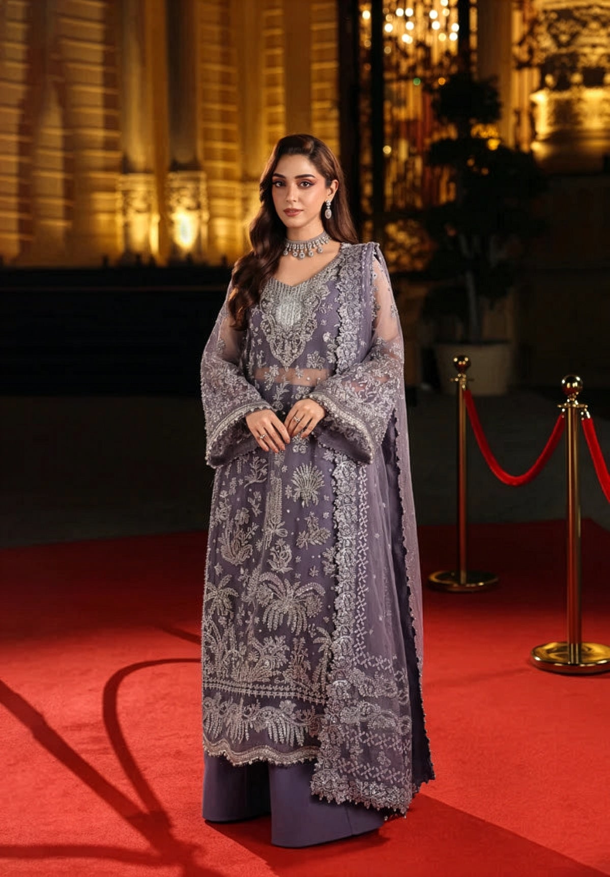 ELAF Dusty Purple & Silver Silk Pakistani occasion suit view 1