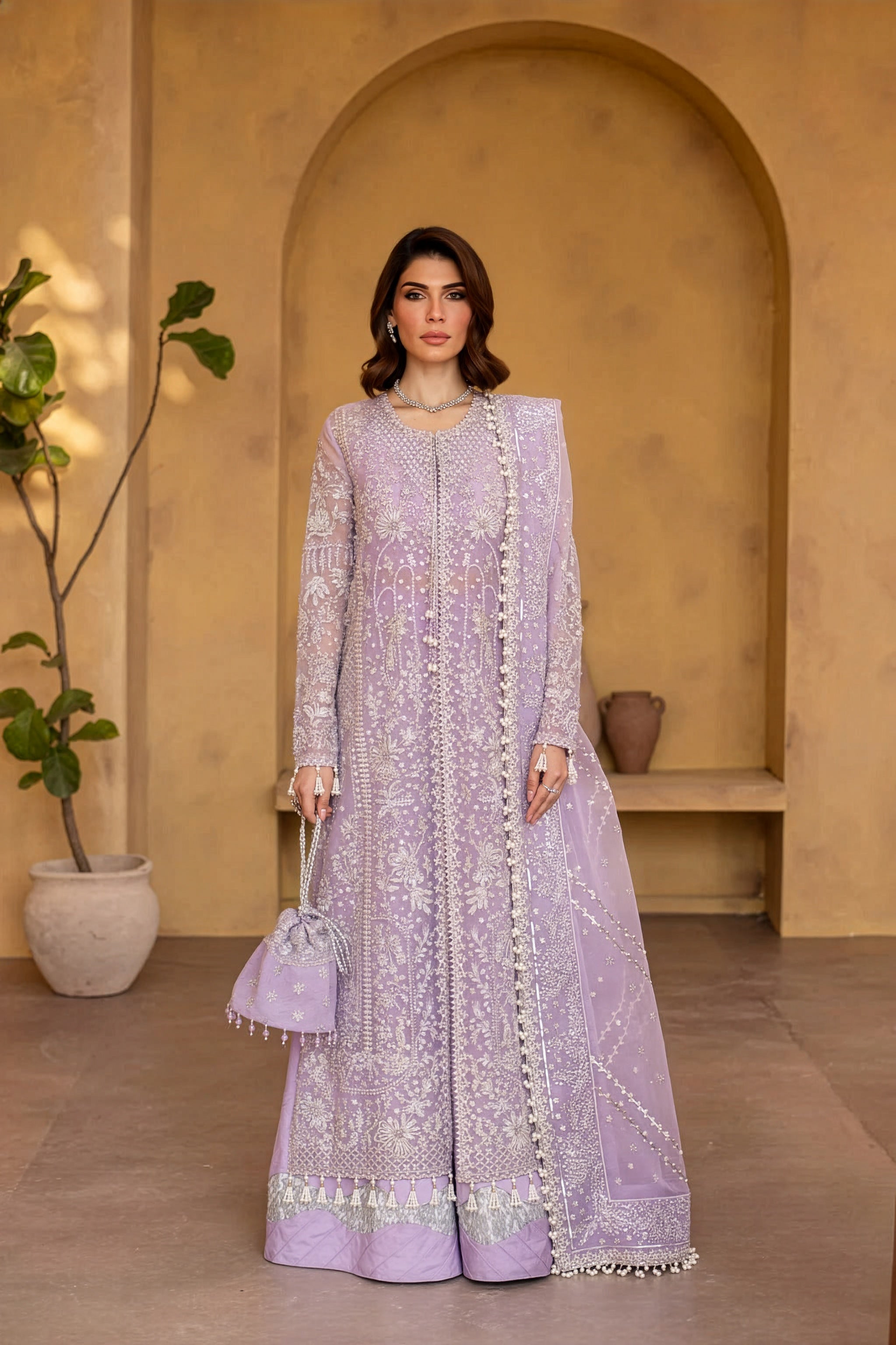 Emaan Adee Lavender Silk Pakistani occasion suit view 1