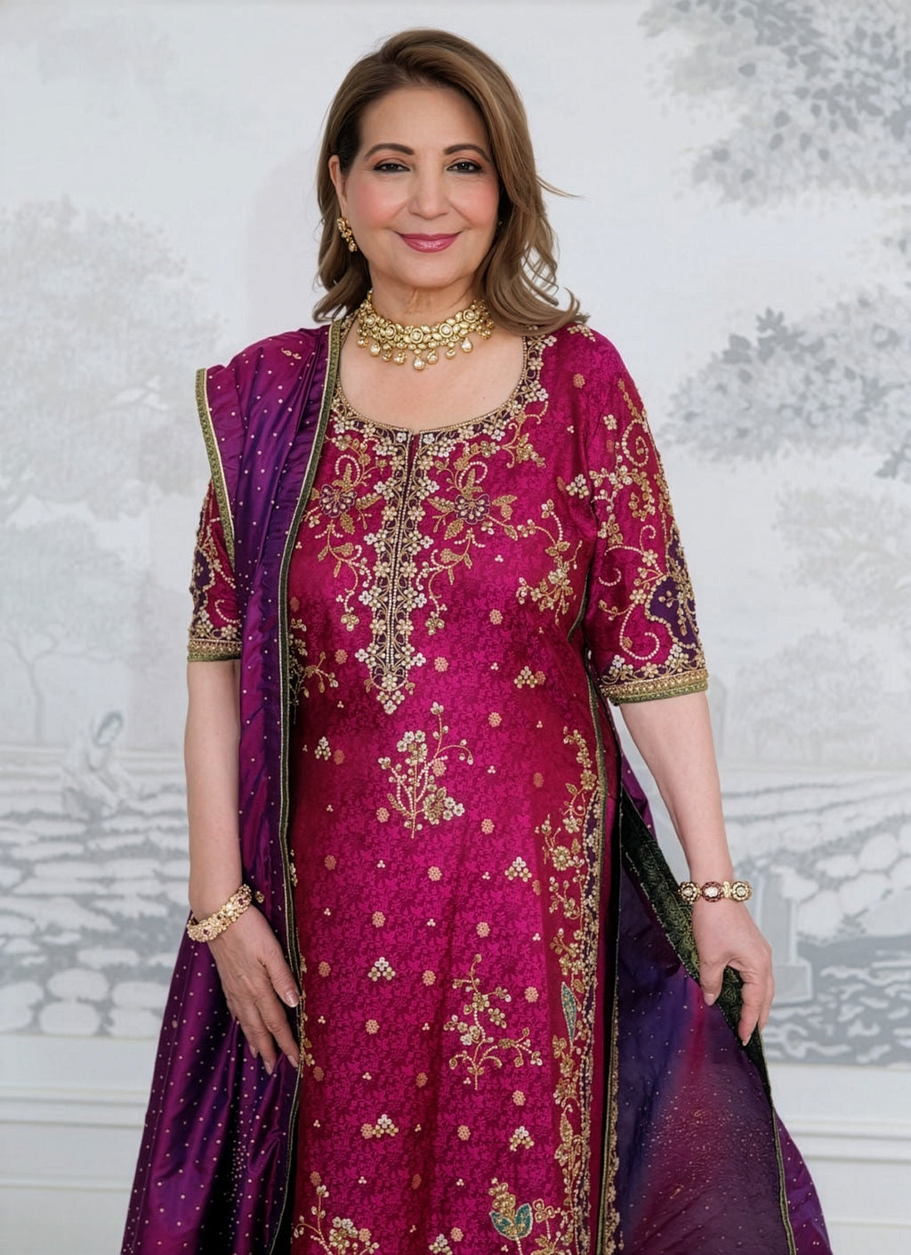 Farah Talib Azeez Magenta & Purple Silk embroidered dress fabric view 1