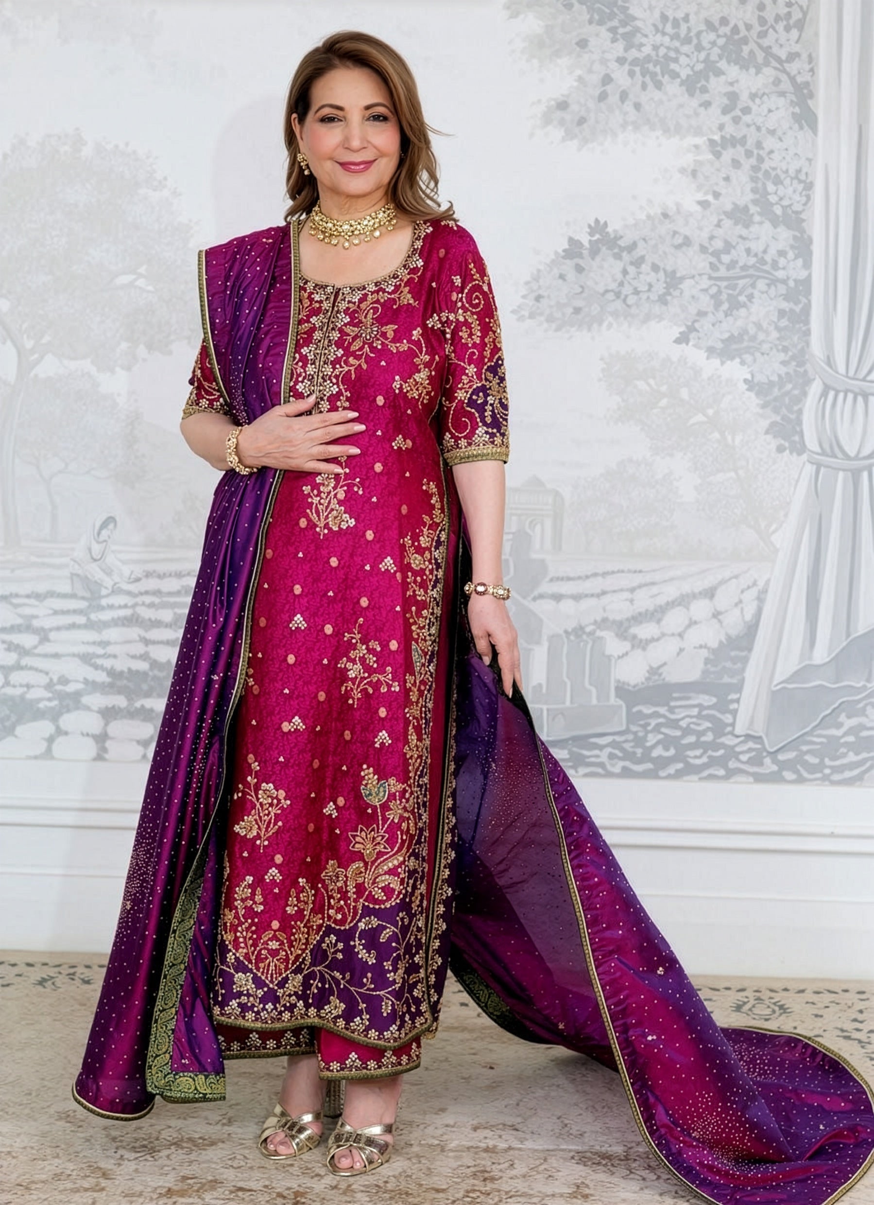 Farah Talib Azeez Magenta & Purple Silk embroidered dress fabric view 2