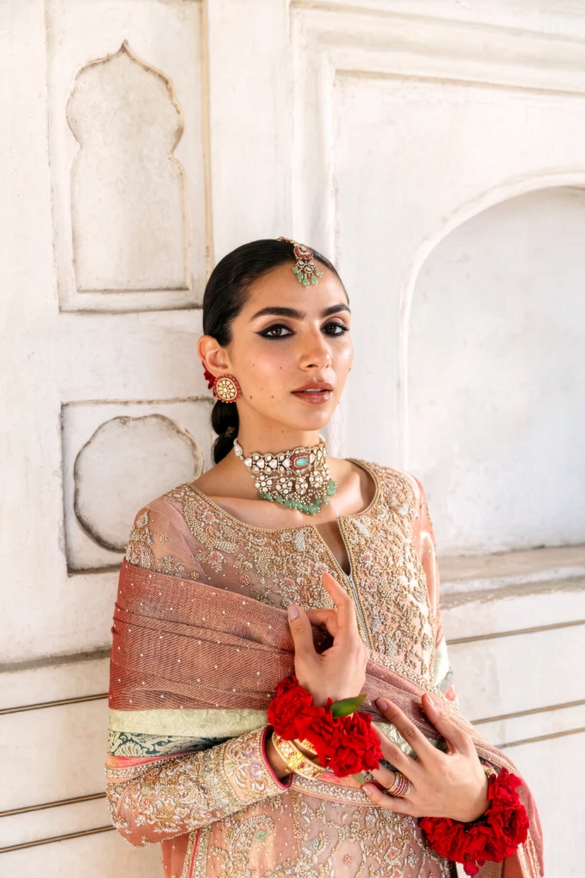 Farah & Fatima Blush Pink & Gold Silk embroidered dress fabric view 2