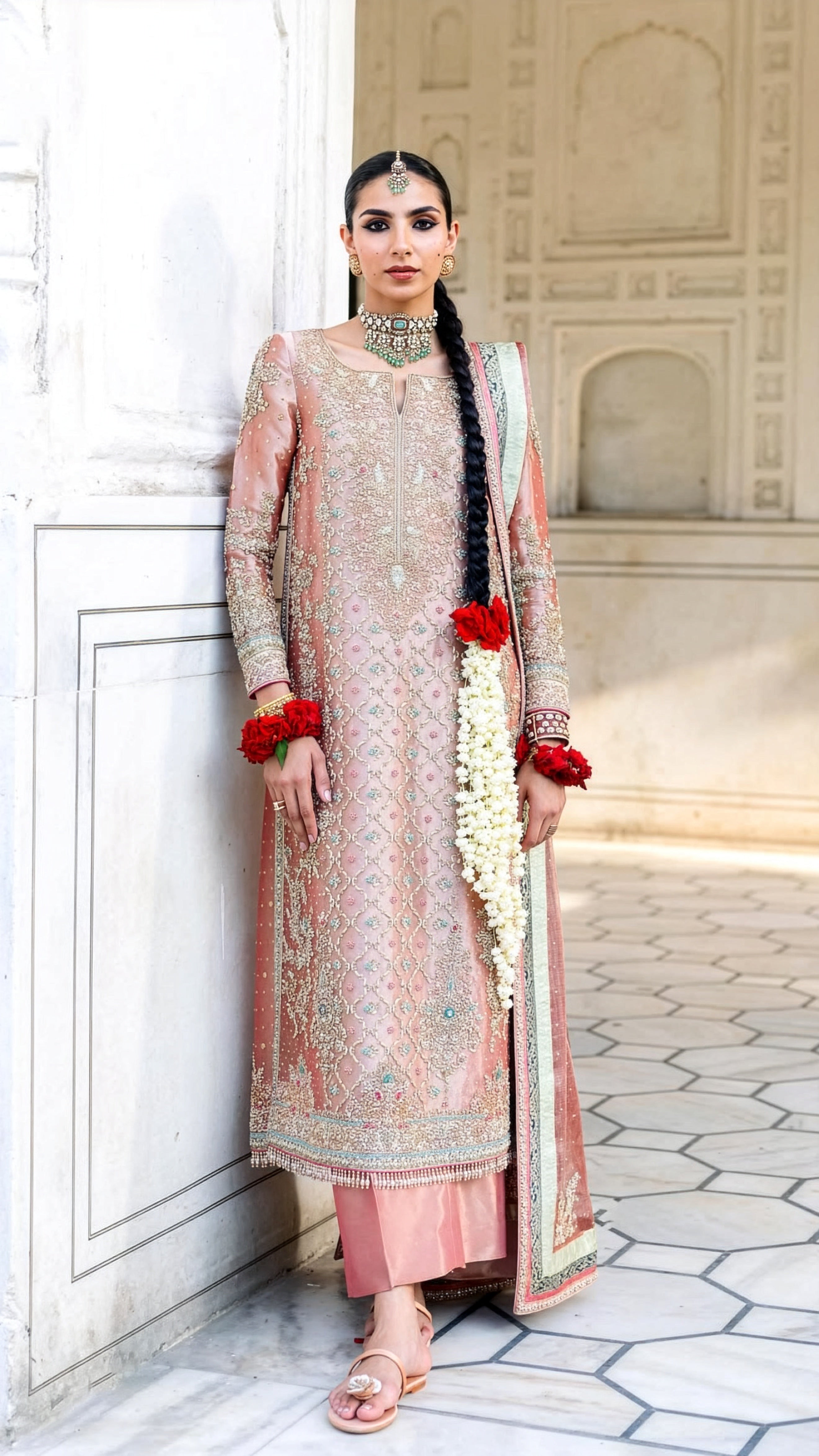 Farah & Fatima Blush Pink & Gold Silk embroidered dress fabric view 1
