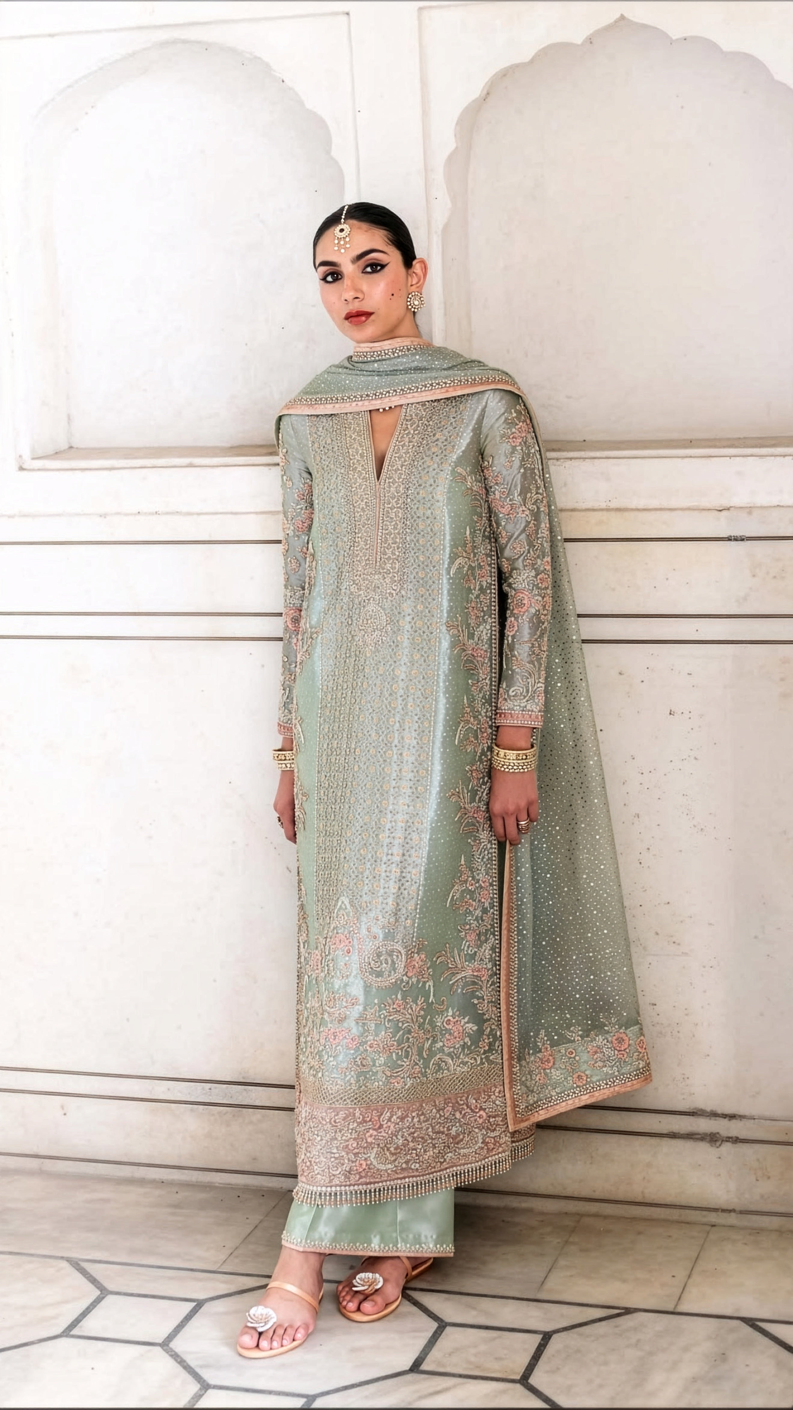 Farah & Fatima Sage Green Silk embroidered dress fabric view 1