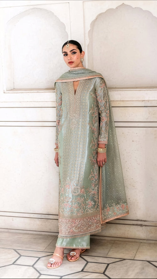 Farah & Fatima Sage Green Silk embroidered dress fabric view 1