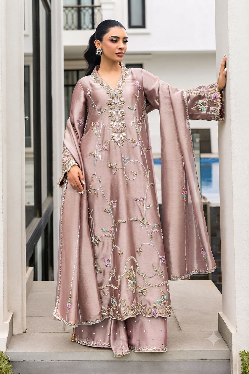Alizey Dusty Pink & Gold Embroidered embroidered dress fabric view 2