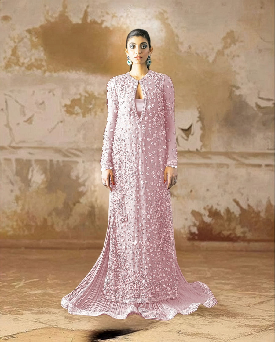 HUSSAIN REHAR Blush Pink & Silver Embroidered Pakistani occasion suit view 1