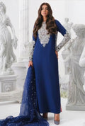 khaka Royal Blue & Silver Silk Pakistani occasion suit view 1
