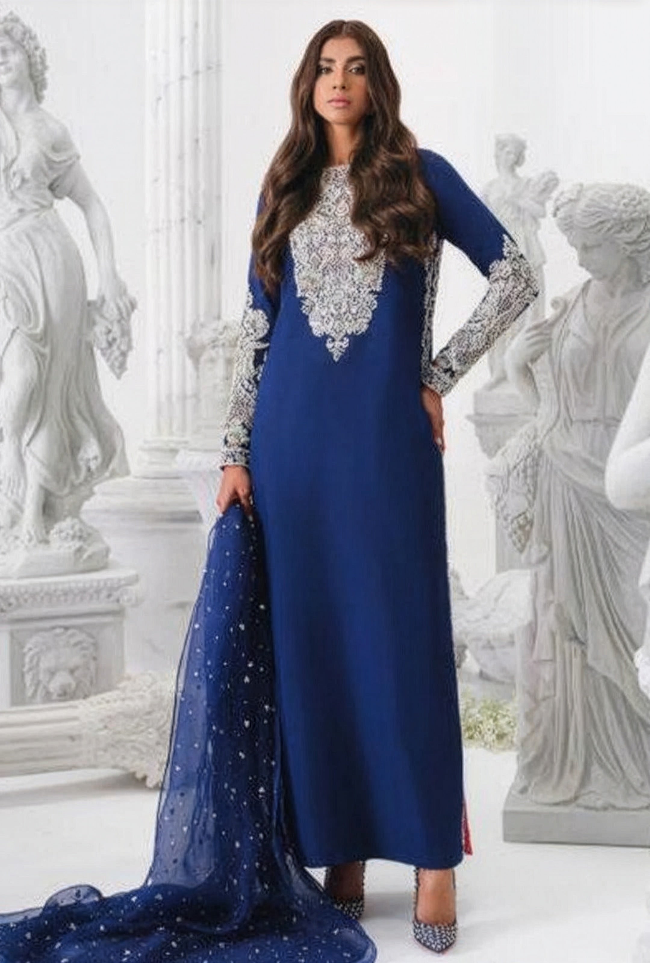 khaka Royal Blue & Silver Silk Pakistani occasion suit view 1