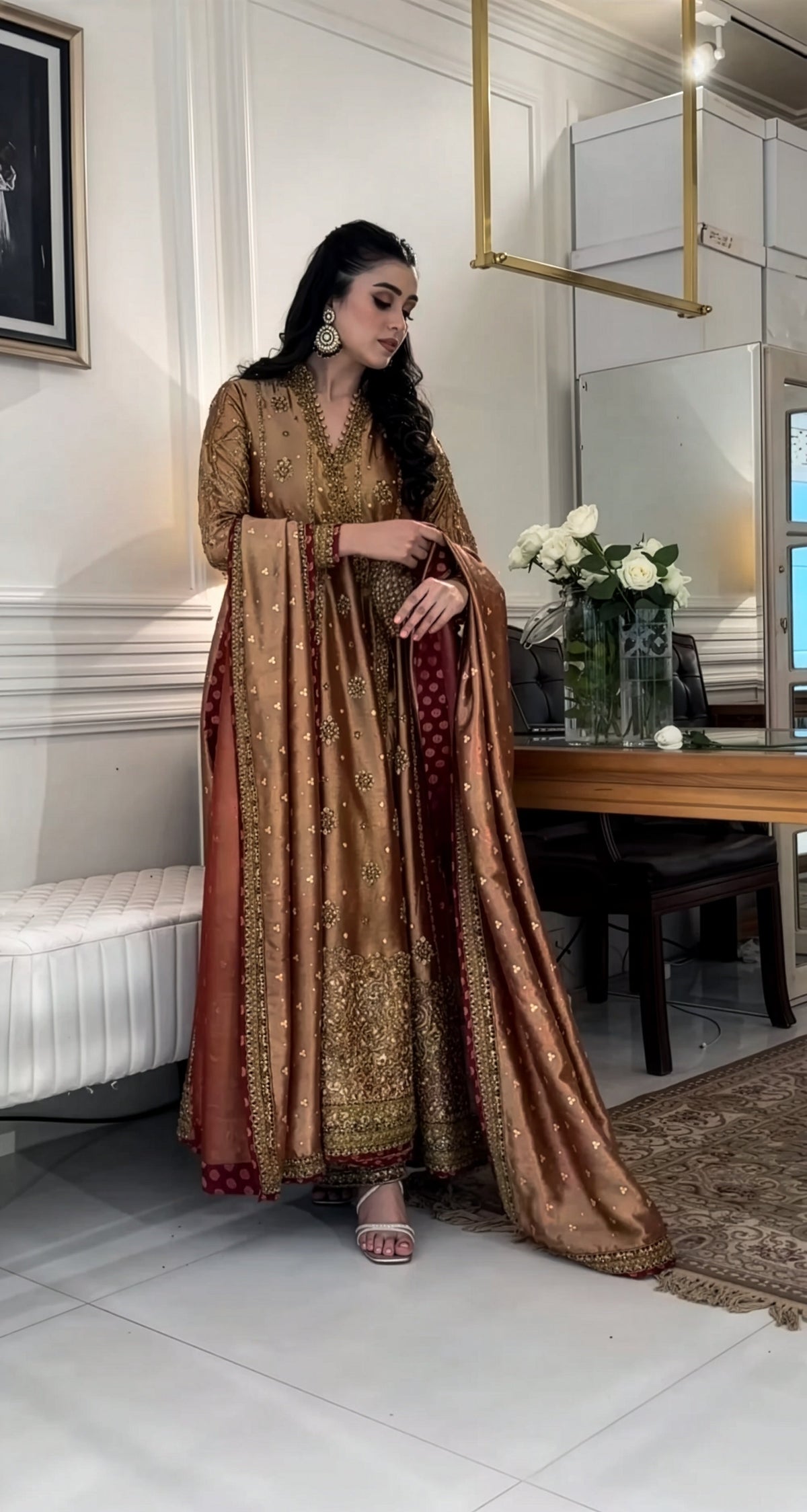 Haris Shakeel Antique Gold Zari embroidered dress fabric view 2