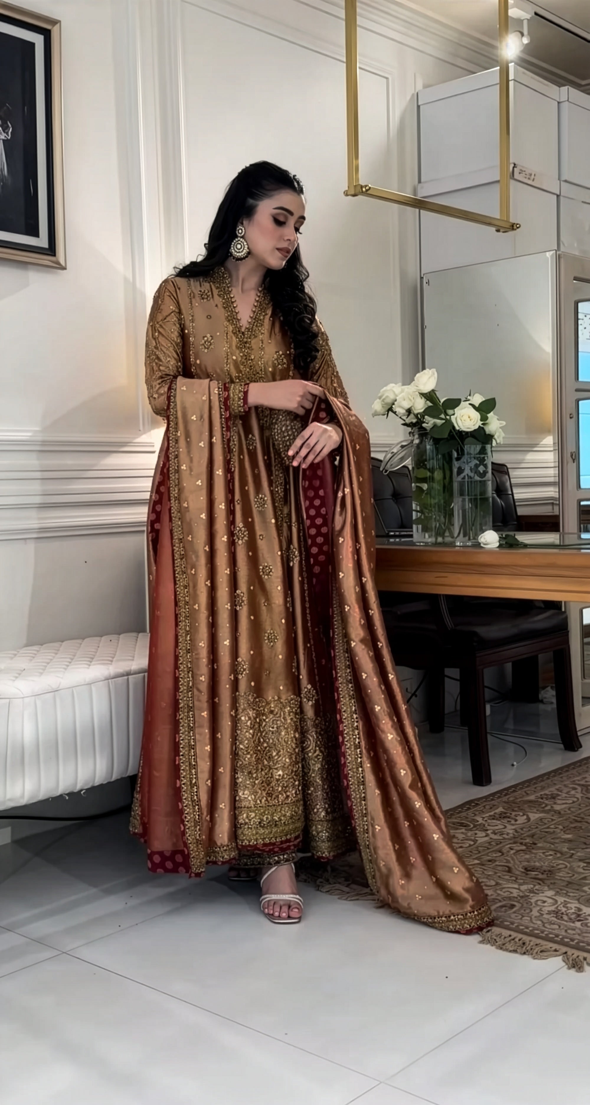 Haris Shakeel Antique Gold Zari embroidered dress fabric view 2