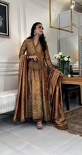 Haris Shakeel Antique Gold Zari embroidered dress fabric view 1