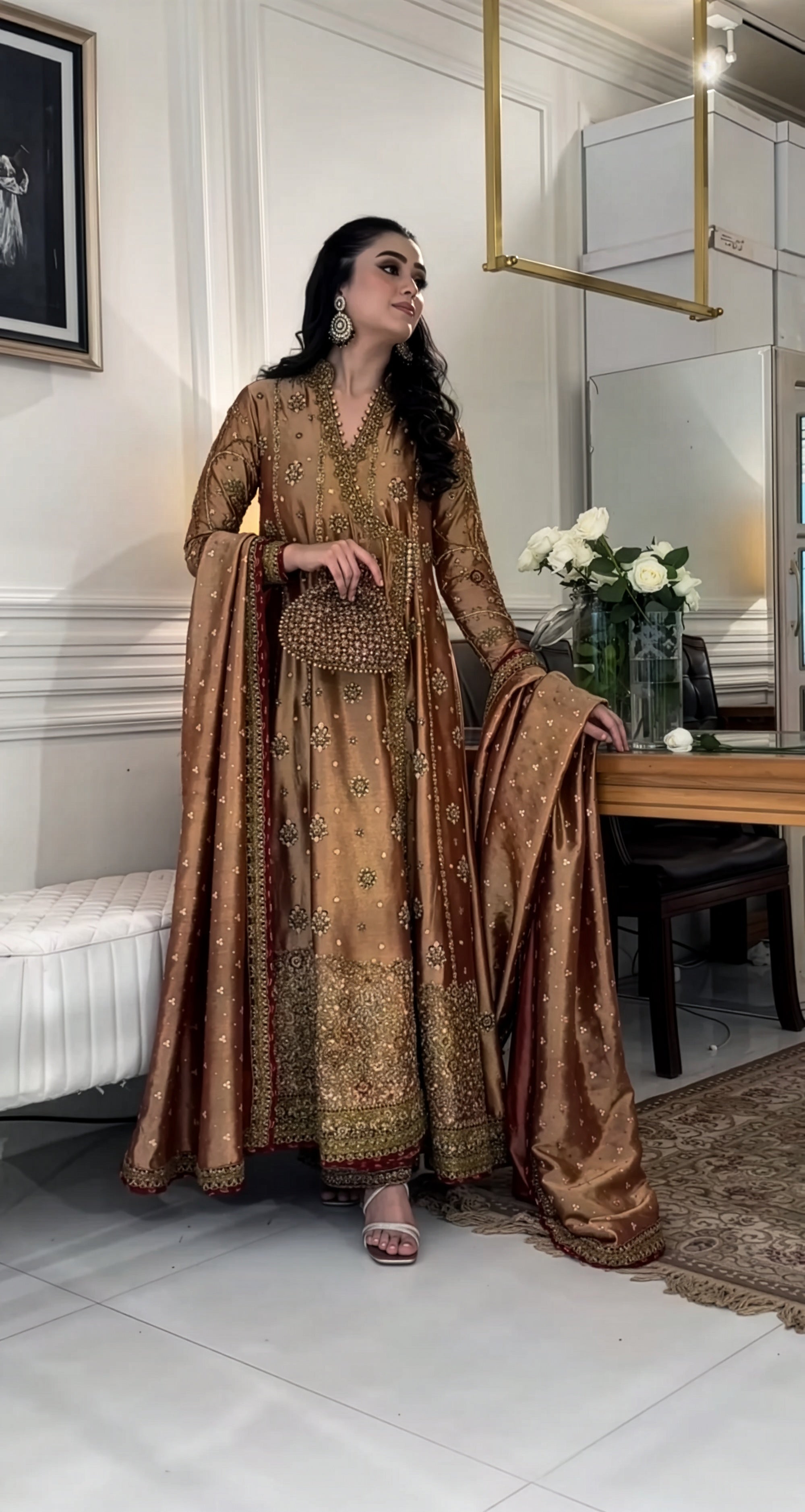 Haris Shakeel Antique Gold Zari embroidered dress fabric view 1