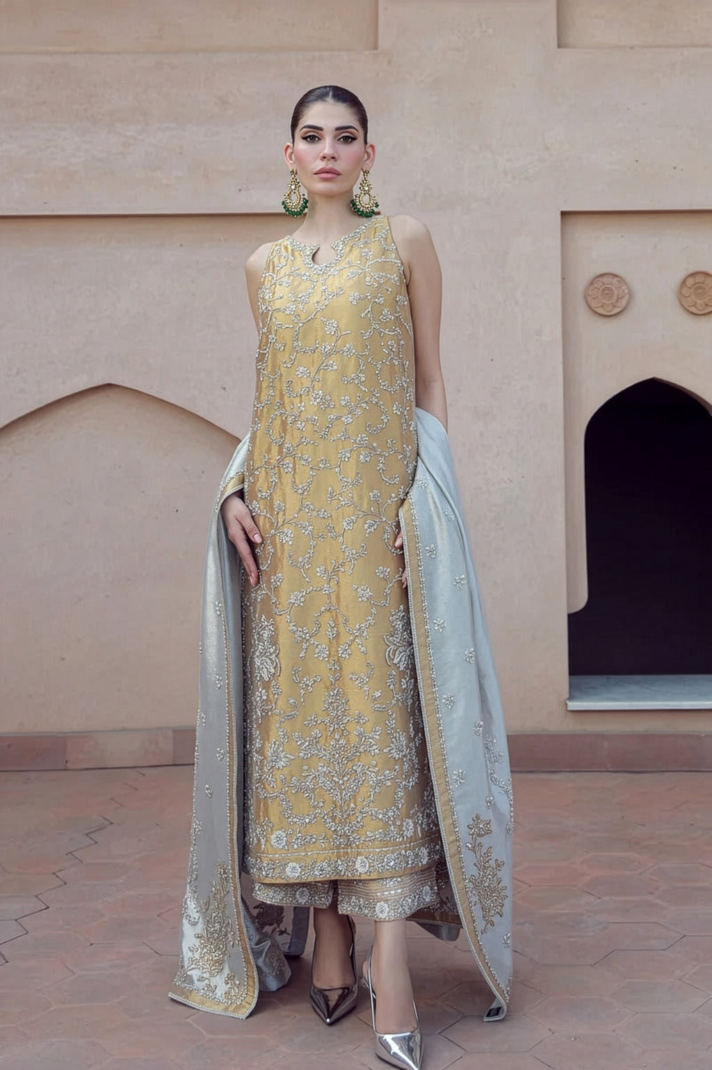 Haris Shakeel Turquoise & Gold Zari embroidered dupatta view 1