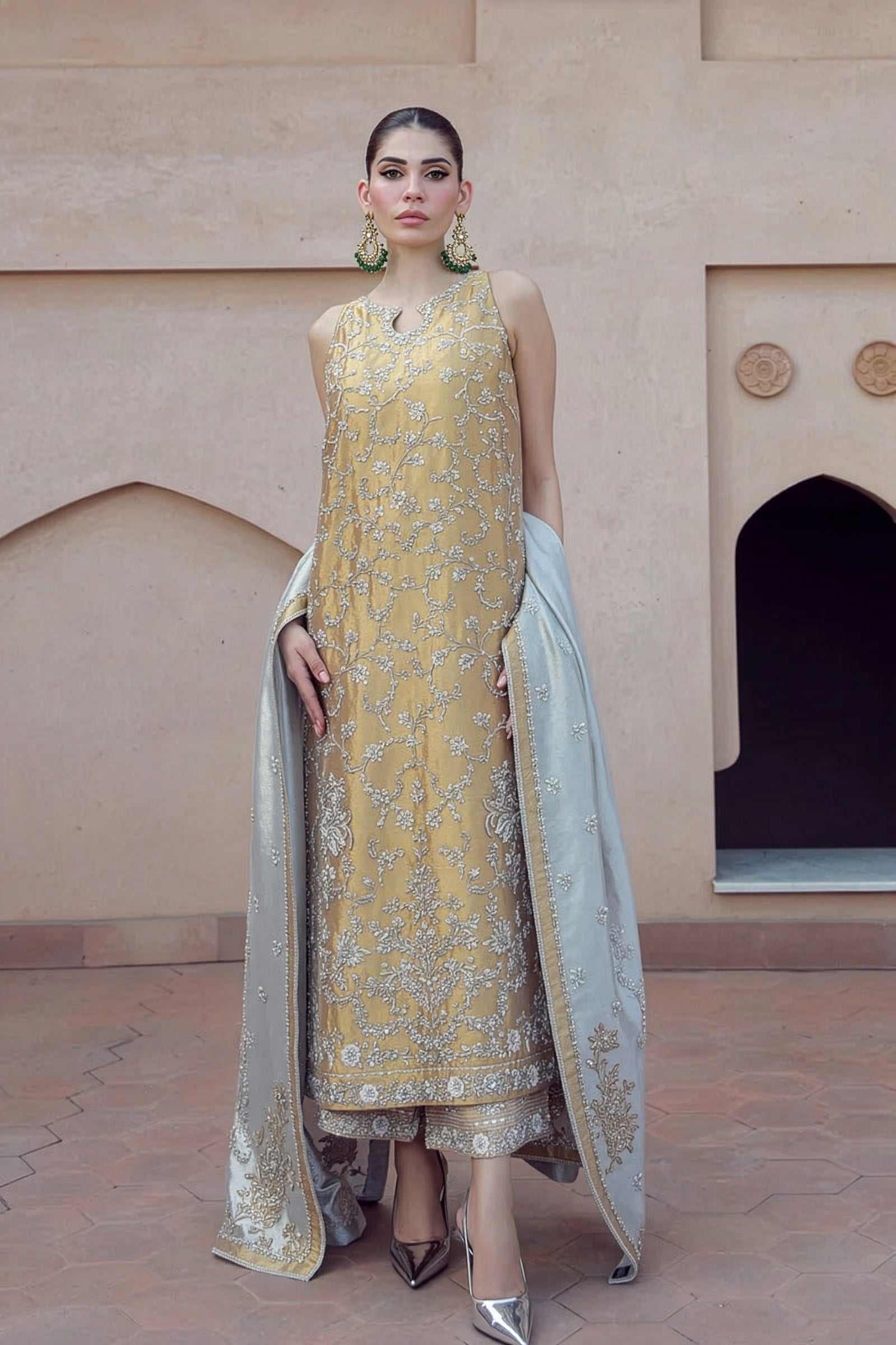 Haris Shakeel Turquoise & Gold Zari embroidered dupatta view 1