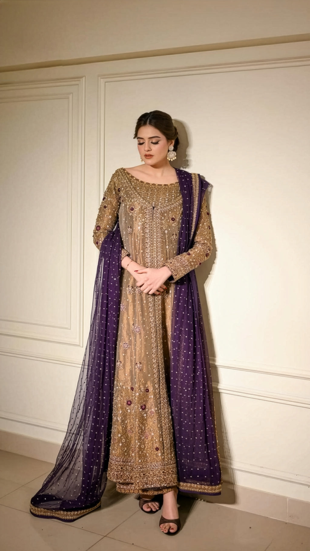 Haris Shakeel Purple & Gold Silk embroidered dupatta view 2