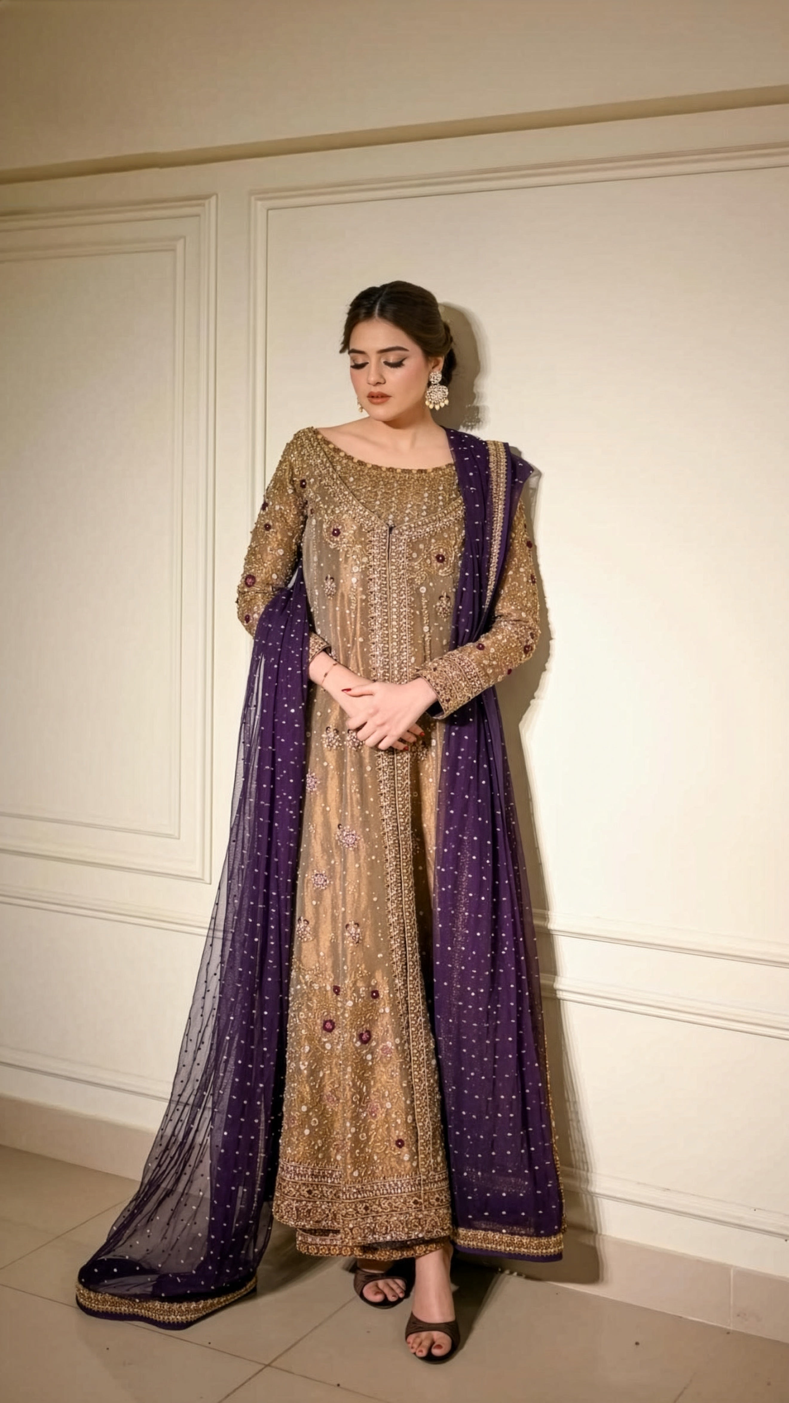 Haris Shakeel Purple & Gold Silk embroidered dupatta view 2