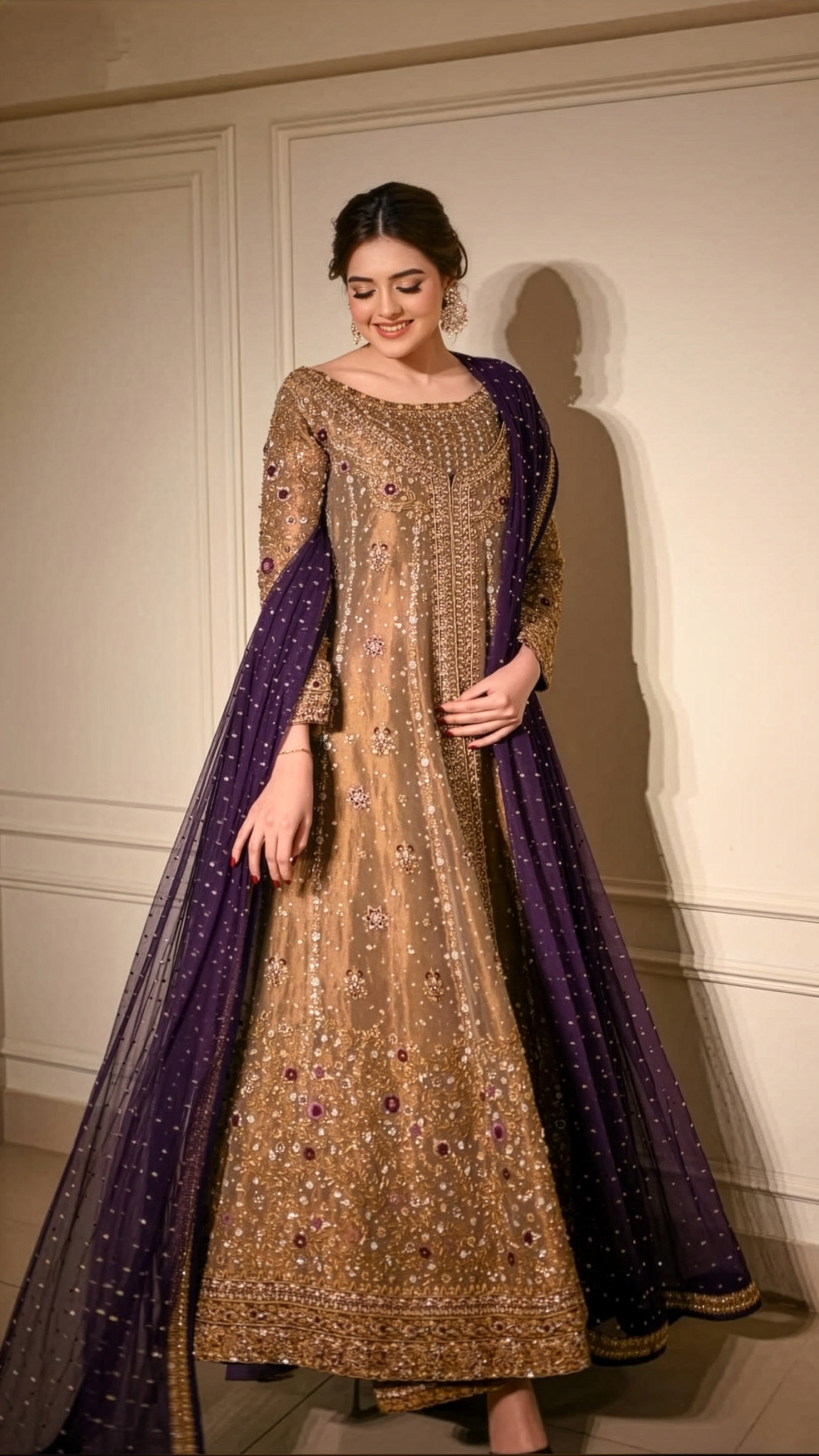Haris Shakeel Purple & Gold Silk embroidered dupatta view 1