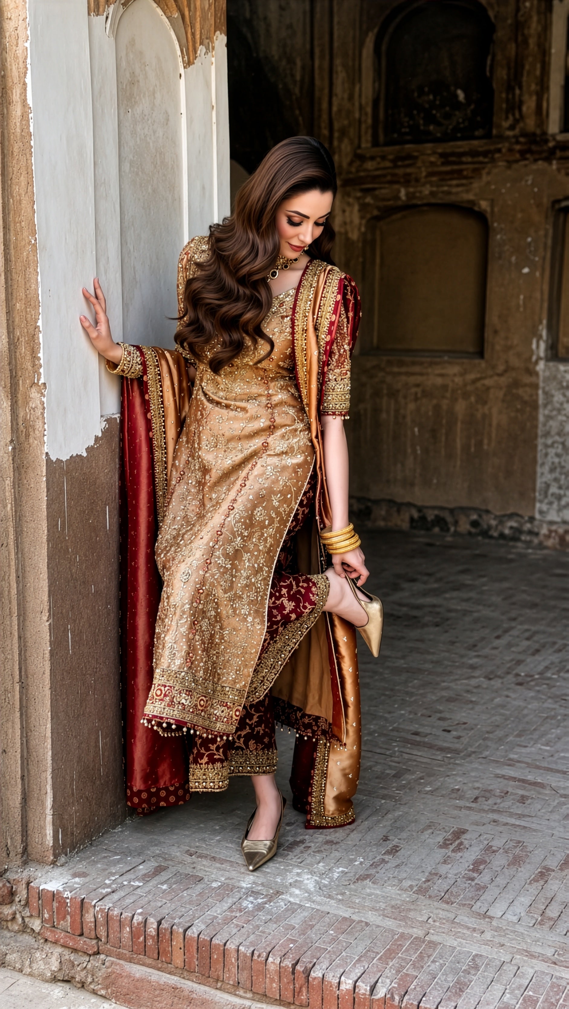 Haris Shakeel Red & Gold Zari embroidered dupatta view 2