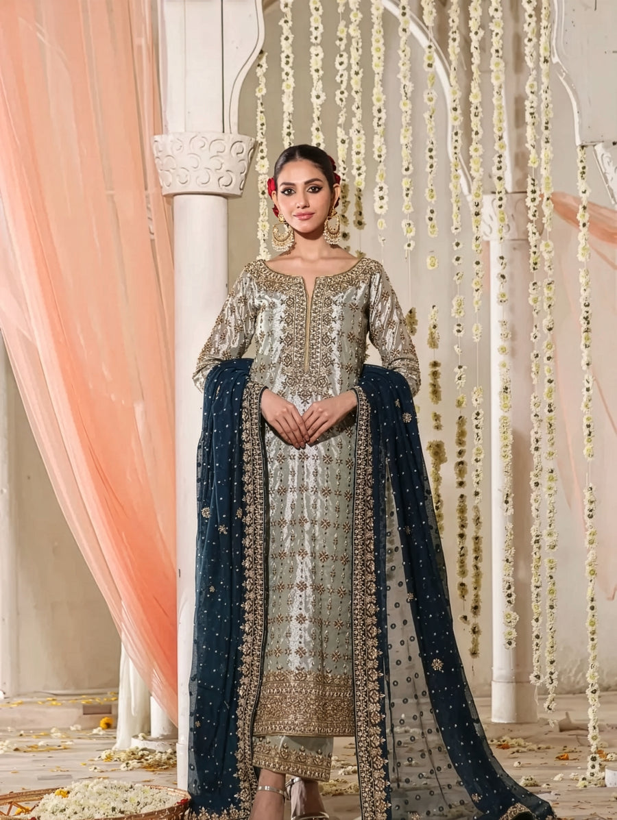 Haris Shakeel Shafoon Blue Blue Shafoon Pakistani occasion suit view 1