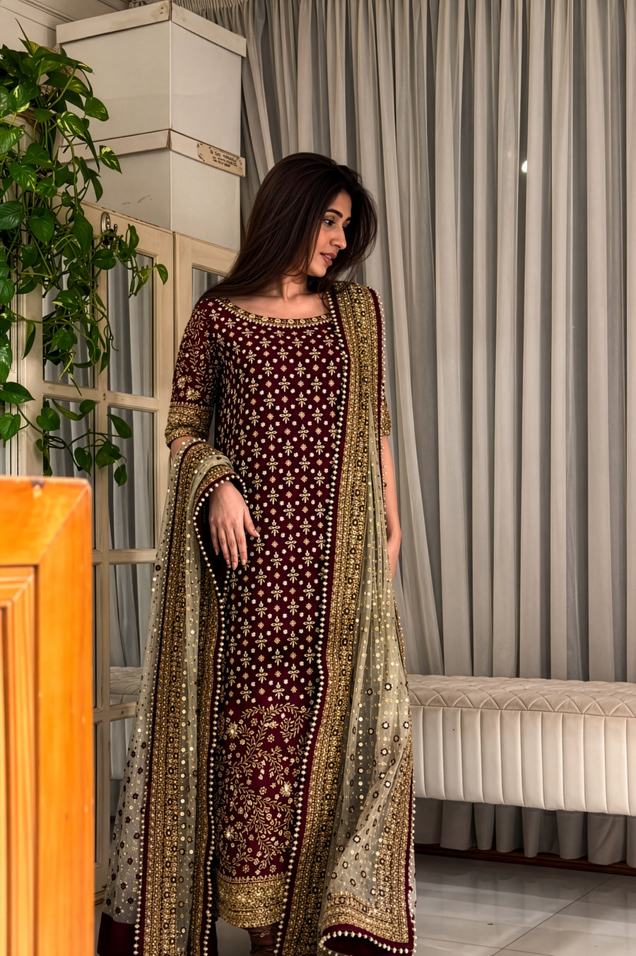 Haris Shakeel Red-Contrast Red Silk Pakistani occasion suit view 1