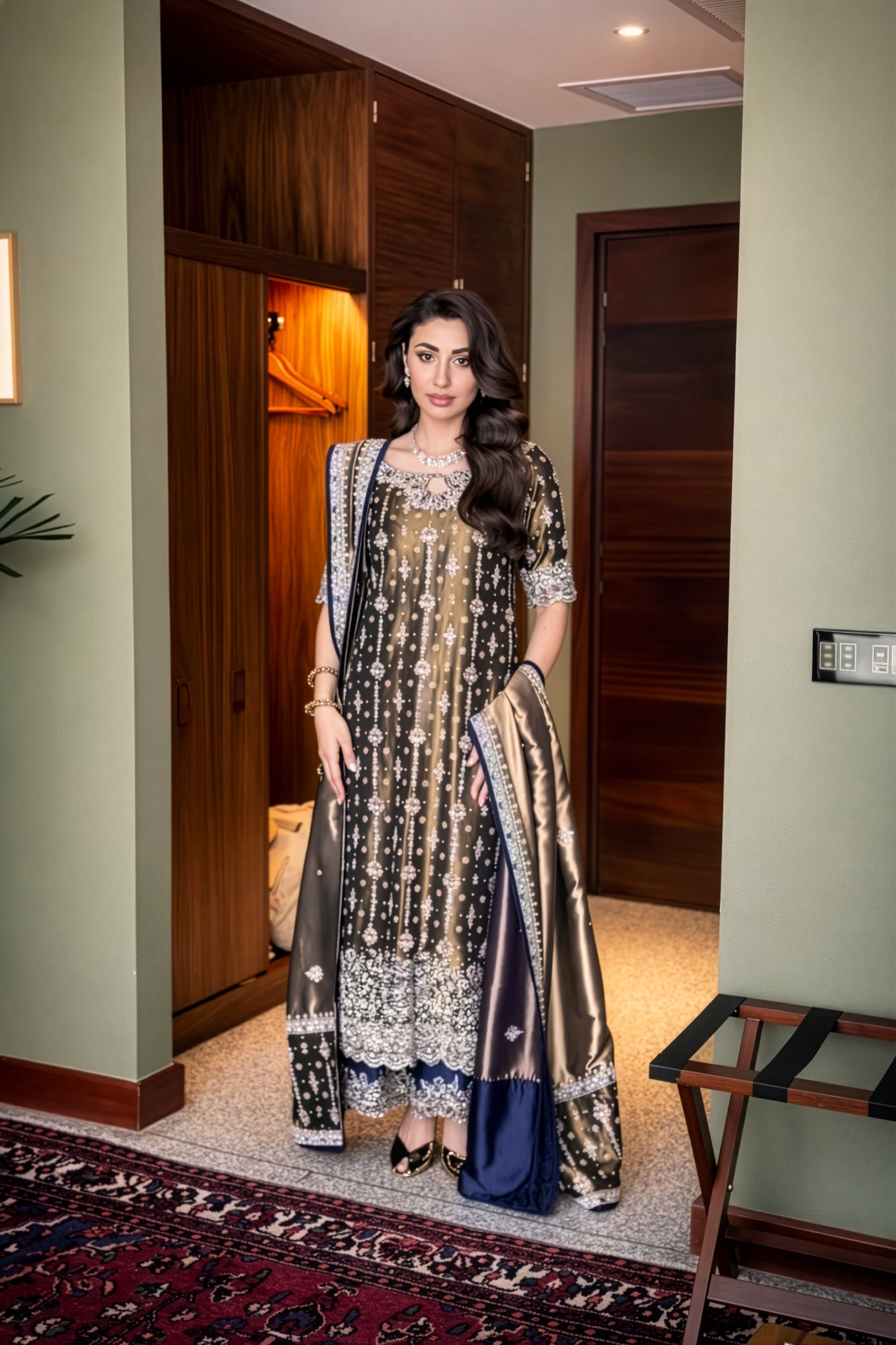 Haris Shakeel Black & Navy Zari Pakistani occasion suit view 1