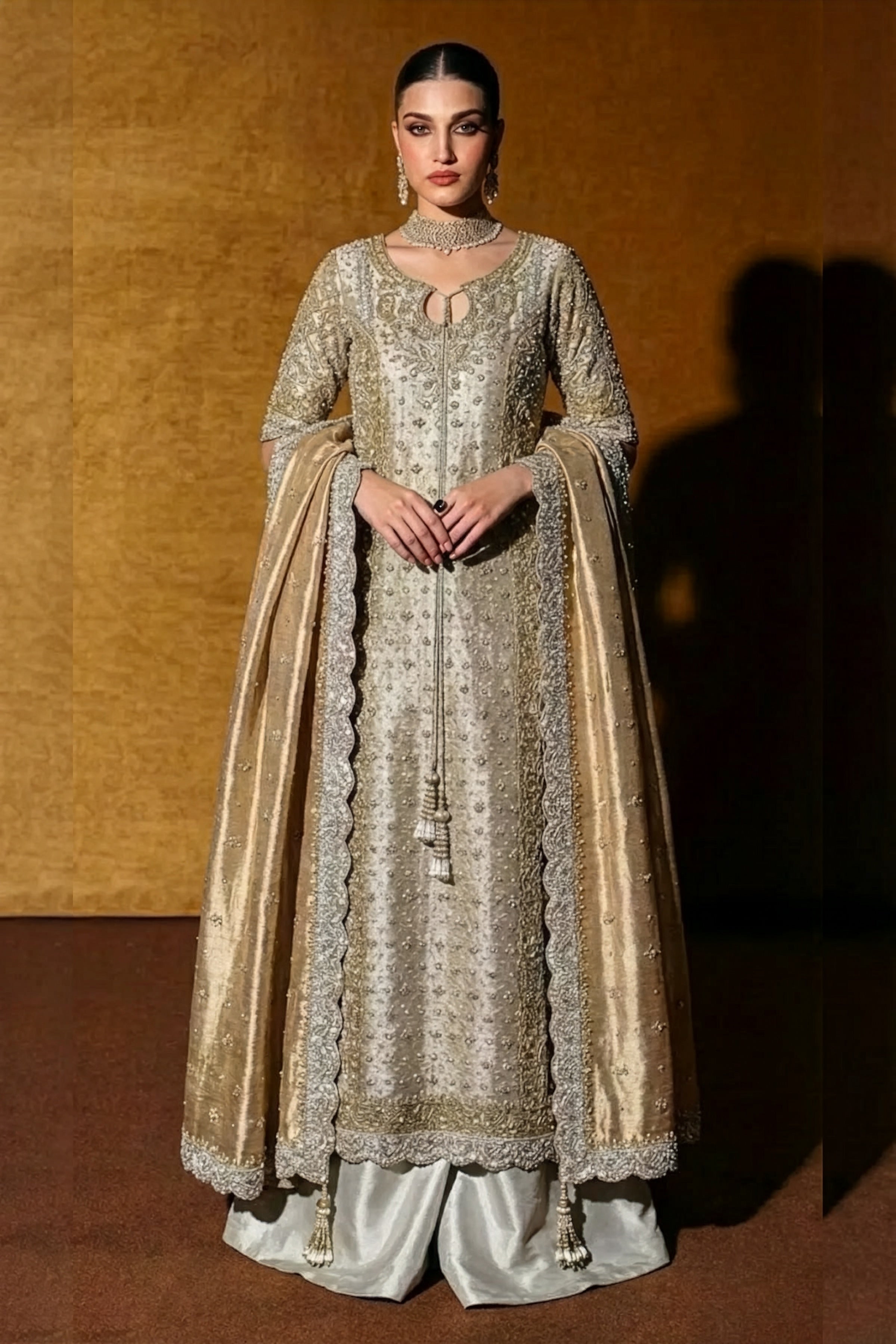 Haris shakeel Beige & Gold Zari Pakistani occasion suit view 1