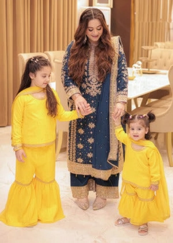 Haseen Navy Blue & Gold Silk Pakistani occasion suit view 1