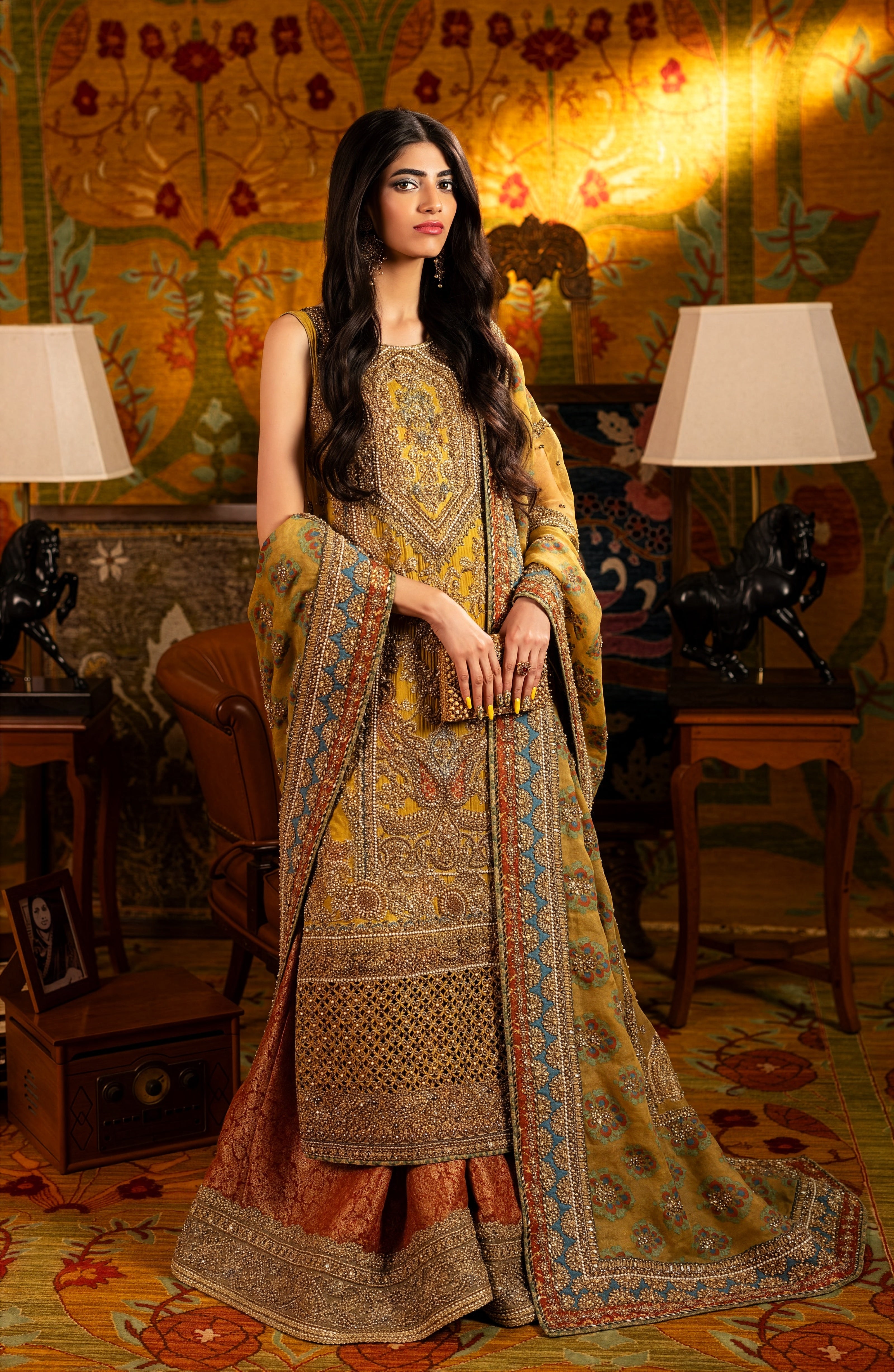 Hassan Sheheryar yasin Mustard & Olive Silk Pakistani occasion suit view 1