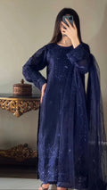 Hussain Rehar Navy Blue Silk embroidered dress fabric view 1