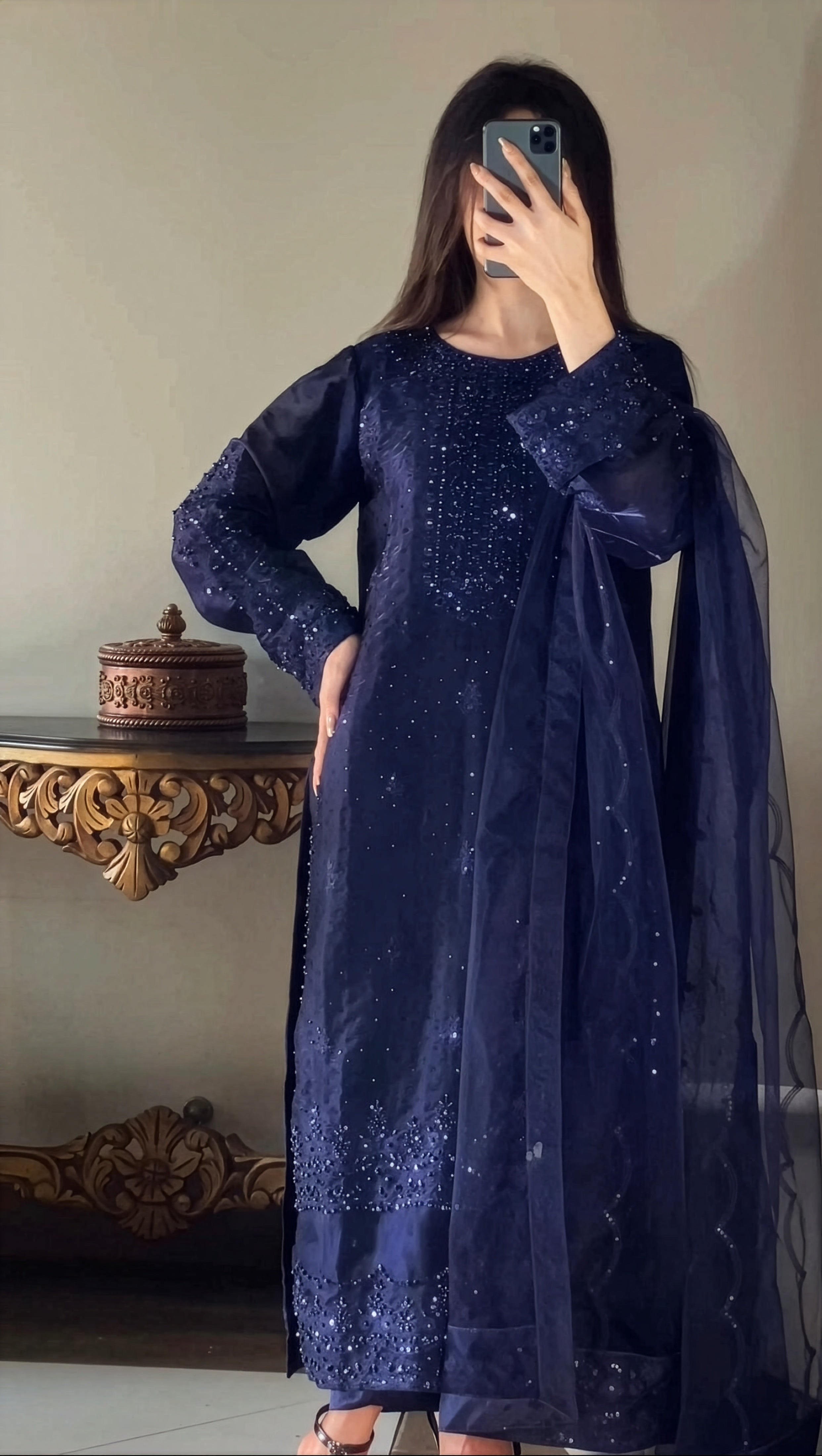 Hussain Rehar Navy Blue Silk embroidered dress fabric view 1