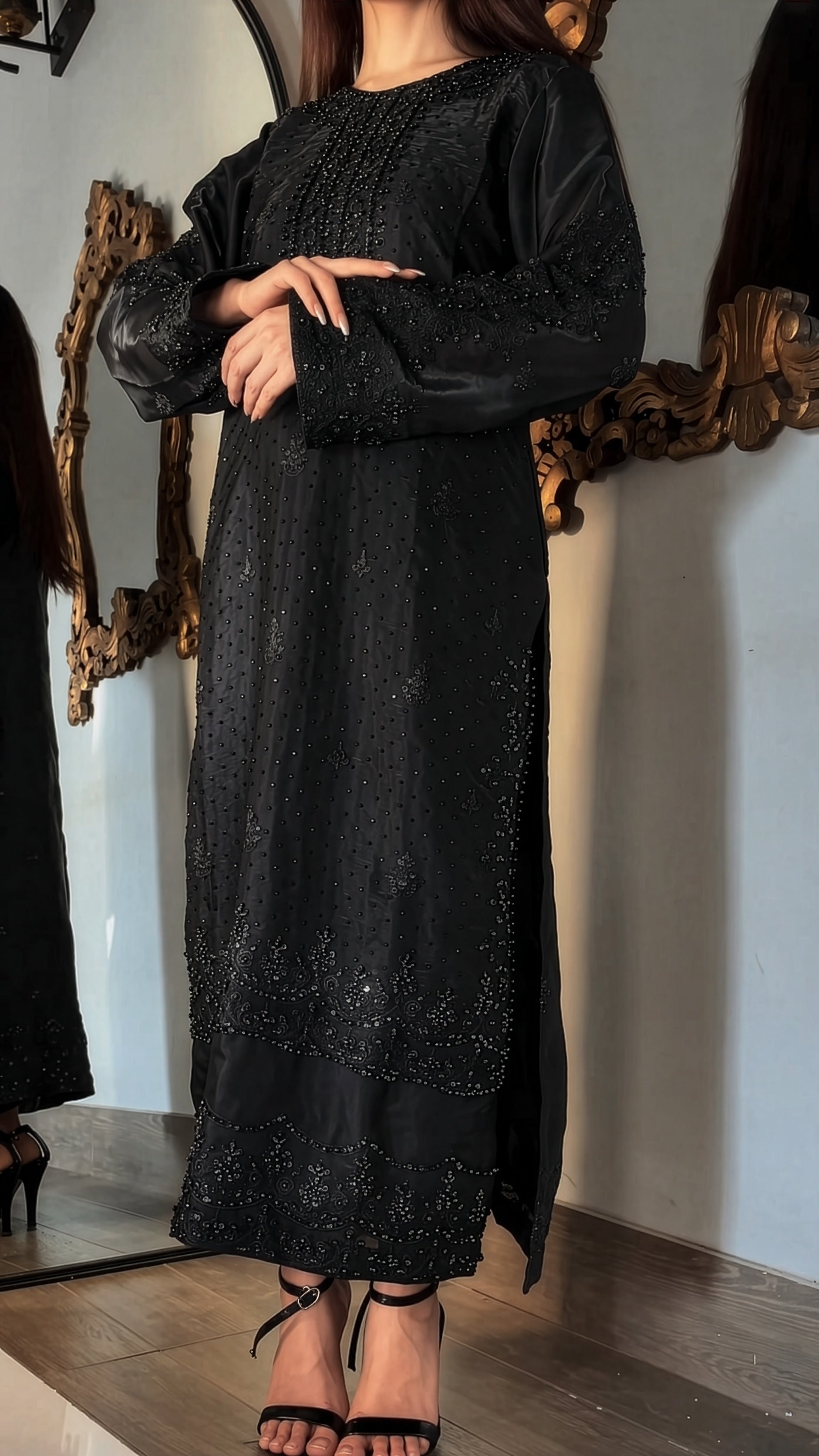Hussain Rehar Black Silk Pakistani occasion suit view 1