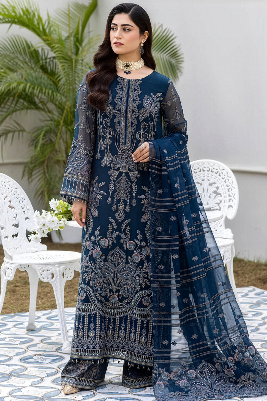 Hussain Rehar Navy Blue & Silver Silk Pakistani occasion suit view 1