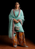 Hussain Rehar Teal & Orange Silk Pakistani occasion suit view 1